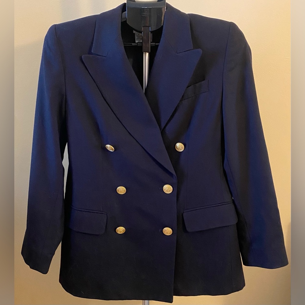 Talbots Petites Woolmark Double Breasted Black Blazer